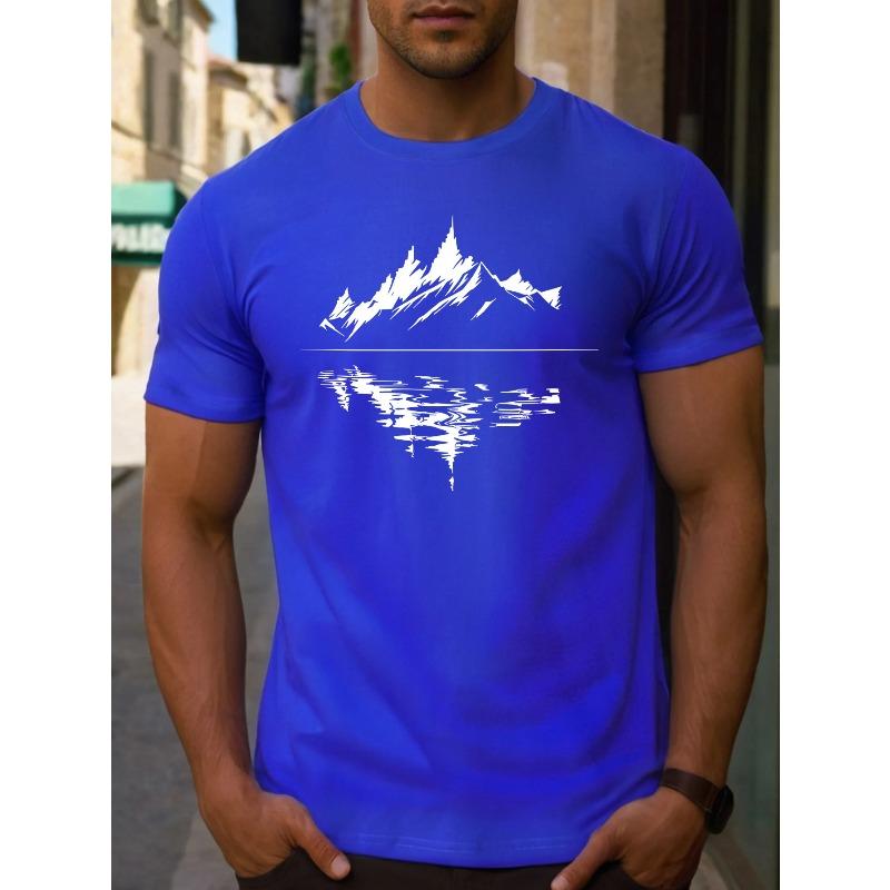 Men's Summer 100% Pure Cotton Fashionable Casual Loose Fit Plus Mountain Reflection Printed Round Neck Short Sleeved T-shirt Top