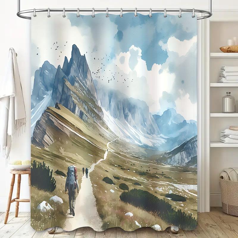 Watercolor Mountain Hiking Shower Curtain Nature Trail Art With Backpackers And Scenic View Bathroom Decor Waterproof Durable