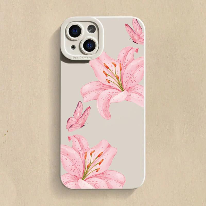 Floral Lily Butterfly Pattern Phone Case For iPhone 16 15 Pro Max 14 Pro 13 12 11 16E 7 8 Pus XR XS X SE Shockproof Soft Cover
