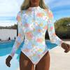 Women Long Sleeve One Piece Swimsuit Zip Front  Tie-dye Print Rash Guard Surfing Bathing Suit