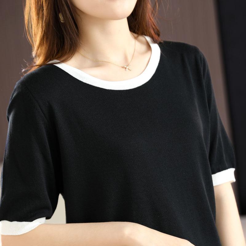Crew Neck Color Matching Knitted Short-sleeved Summer New Loose and Versatile Foreign Style Thin Bottoming Shirt Top