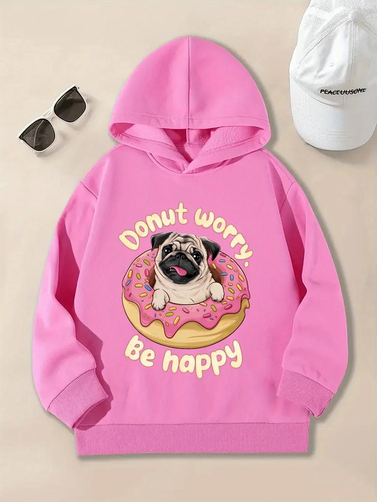 Sweat à capuche graphique carlin dessin animé pour enfants Pull doux imprimé lettres donut Automne Hiver Polaire Chaud Mignon Sweat à capuche pour enfants