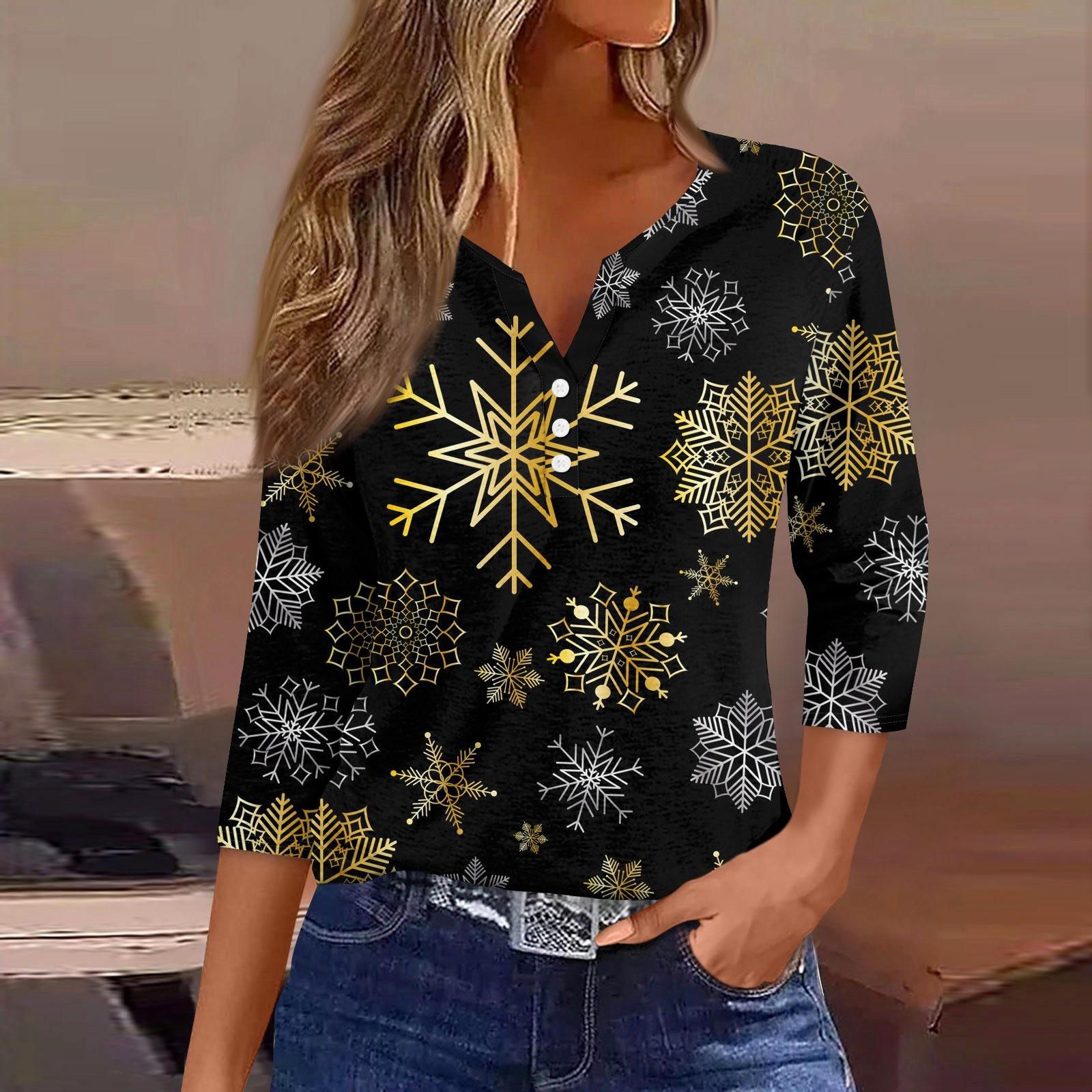 

Жен. Футболка Футболка С принтом Пуговицы Рукав 3/4 Повседневные Выходные Мода Классический Классический V-образный вырез Обычный Верх S золотой