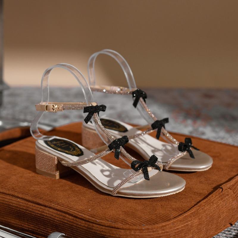 Fashion Hot Selling 2025 Women's Sandals Rhinestone Strap Thick Heel High Heel Summer New Style Matching Skirt Round Toe Leather Rubber