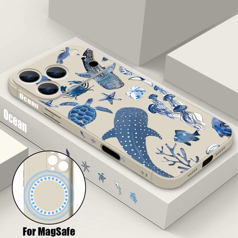 For iPhone 17 Pro Max Case Shark Whale Marine Life Pattern Magnetic For Magsafe Soft Cover For iPhone 16 15 14 13 Pro Max 17E 16E
