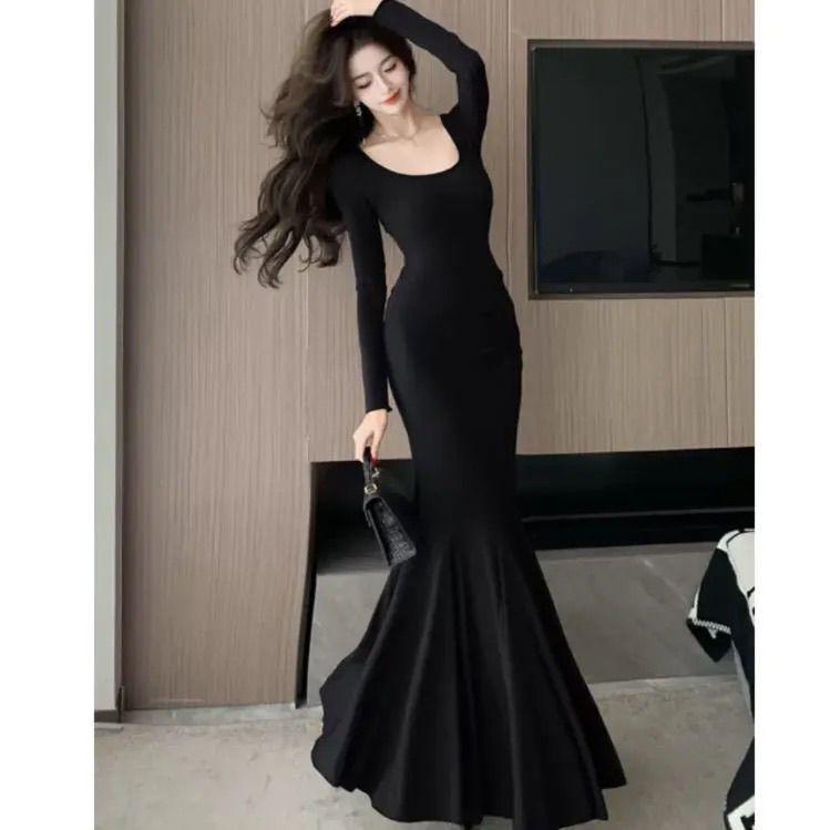 Lotus Square Neck Long Sleeve Women’s Fishtail Dress - Slim Waist Hip-Hugging Versatile Style for Spring and Autumn