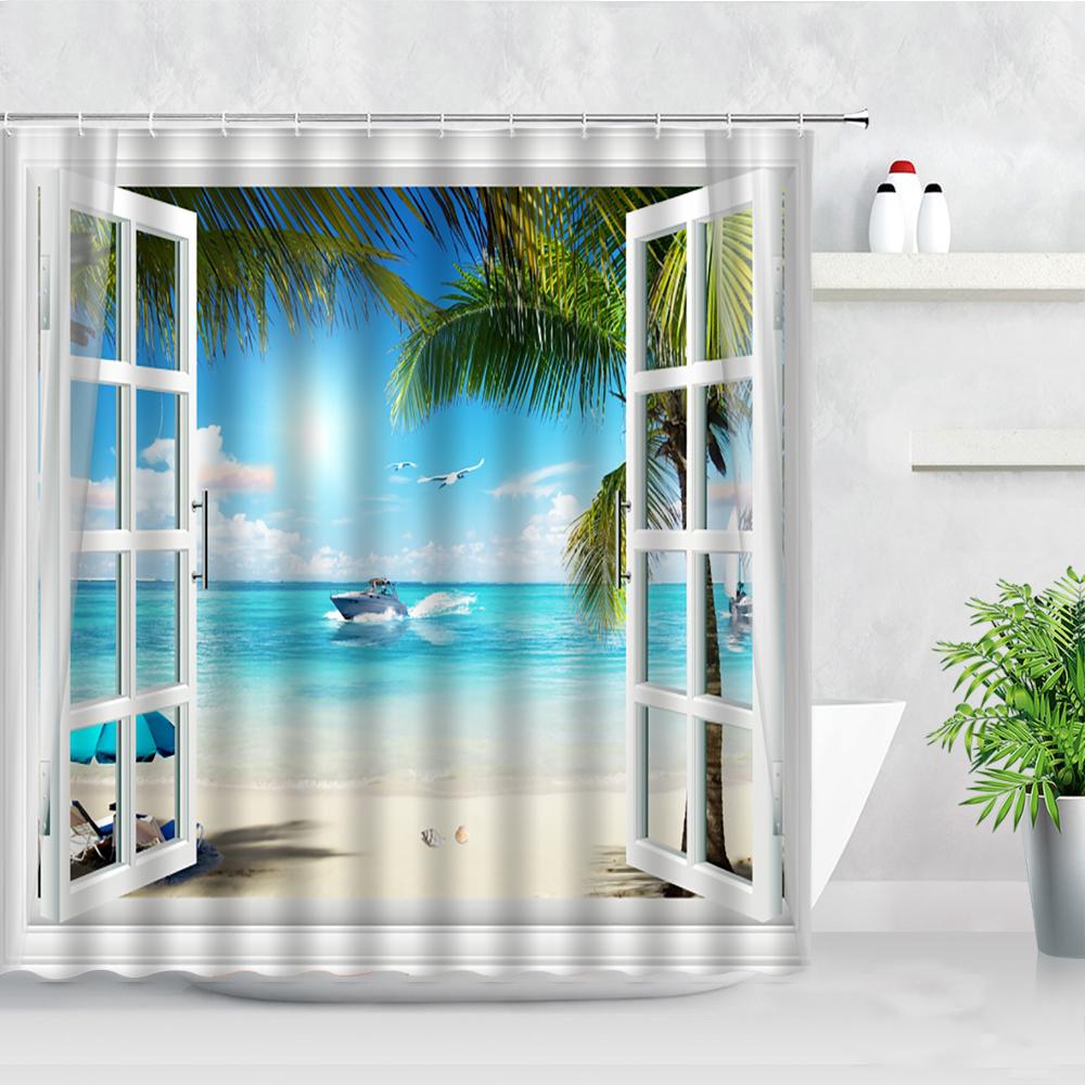 Tropical Landscape Shower Curtain 3D Open Window Ocean Beach Starfish Shell Palm Tree Scenery Waterproof Bathroom Decor Curtains