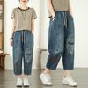 DIMANAF Übergröße 2025 Damen Hose Sommer Locker Jeans Hohe Taille Stickerei Vintage Haremshose Elastischer Bund