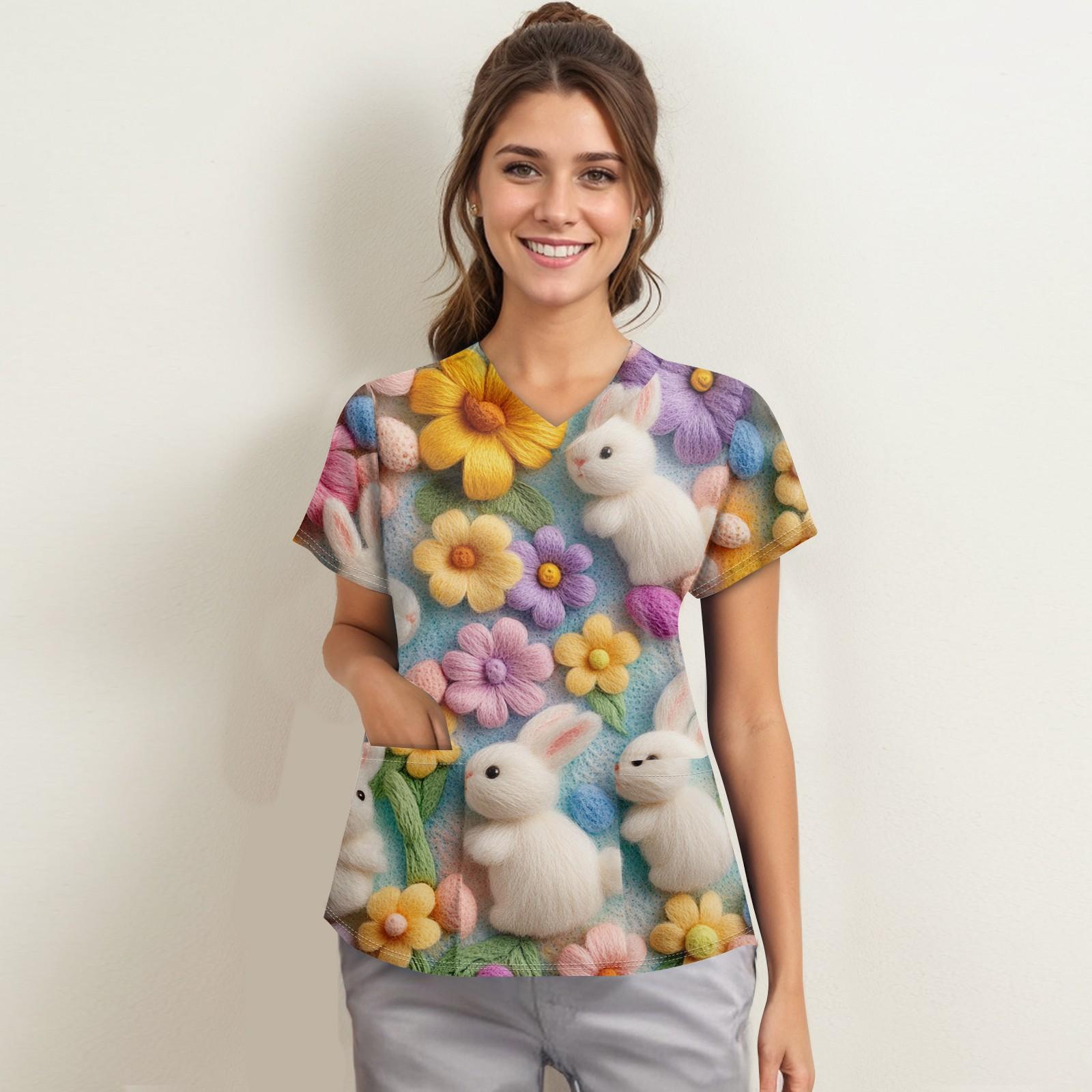 

Женская мода с v-образным вырезом, короткими рукавами и карманами, топы с принтом XL фиолетовый