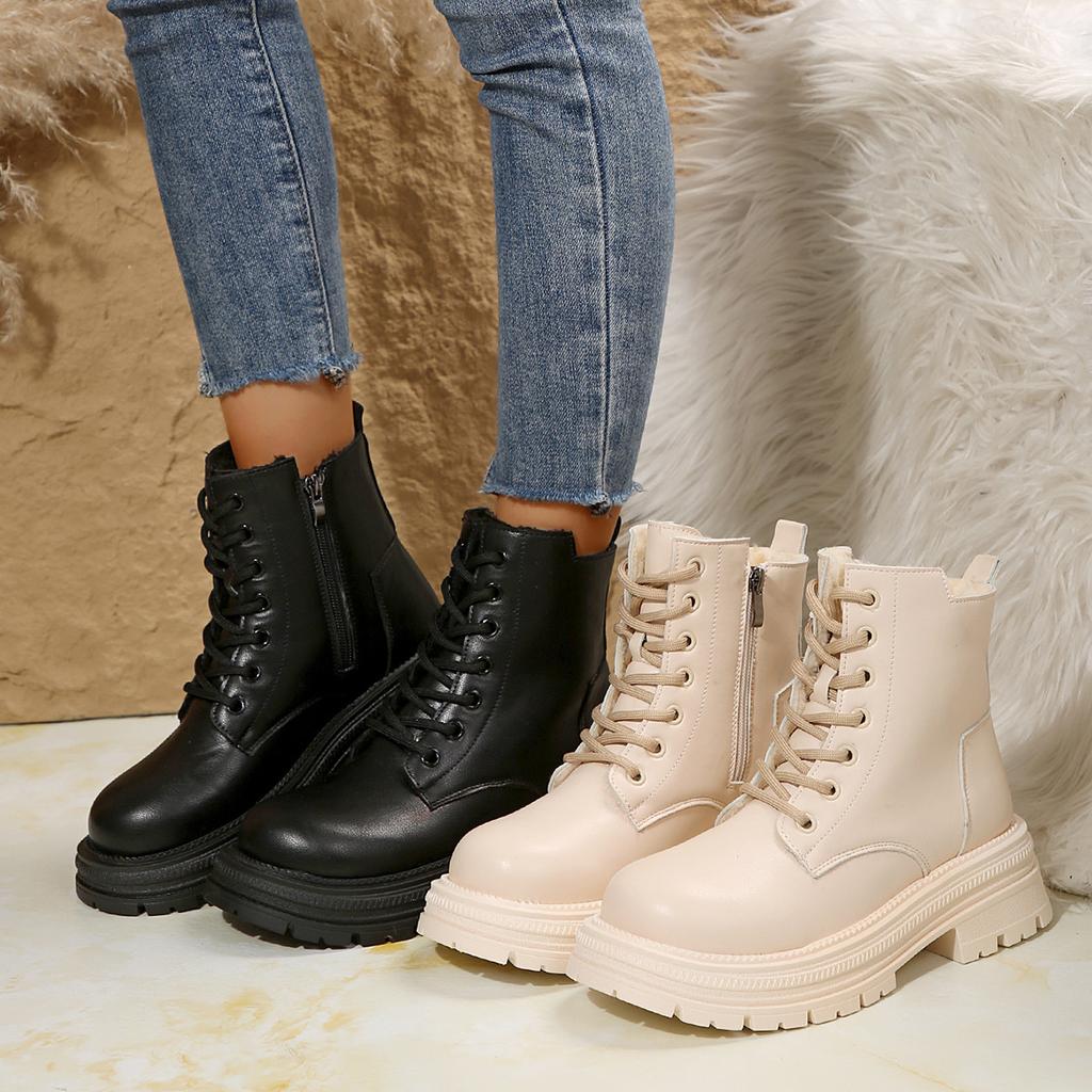 Plus Size Fall/Winter 2025 Women's Boots Martin Boots with Fleece Thick Soles and Lace-up Black Classic Booties for Women
