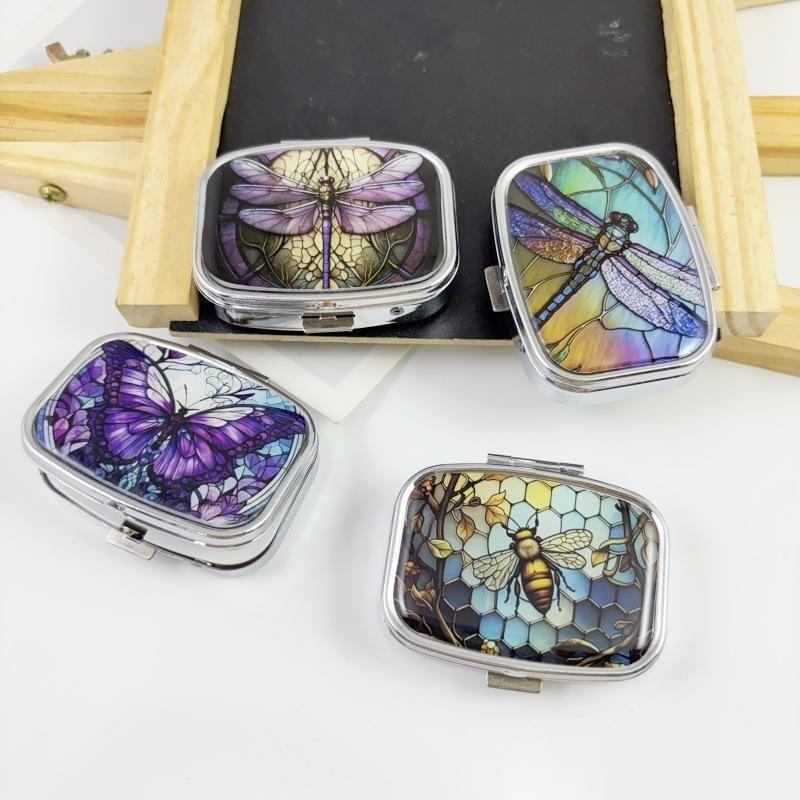 Square Two Compartment Metal Pill Box Portable Pill Box Stained Glass Insect Print Medicine Container For Travel Daily Carry