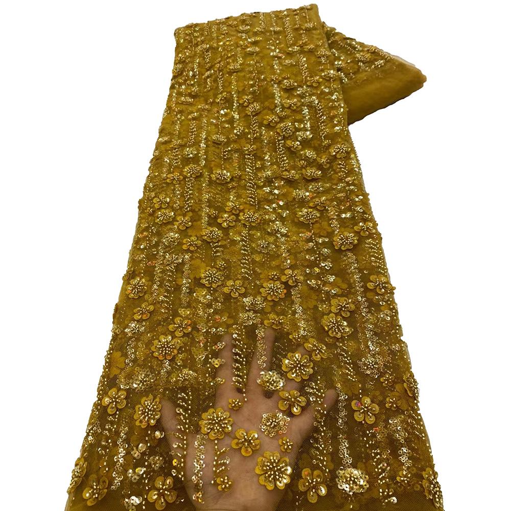 5 Yards African Sequins Bead Lace Fabric High Quality French Embroidery Nigerian Tulle Lace Fabric For Women Wedding Dress Craft