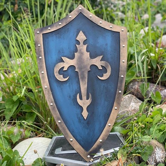 Bouclier Templier Chauffant 71,12 cm Chevalier Bleu et Or Bouclier Médiéval en Bois pour Cosplay, GN Décoration Murale Meilleur Cadeau