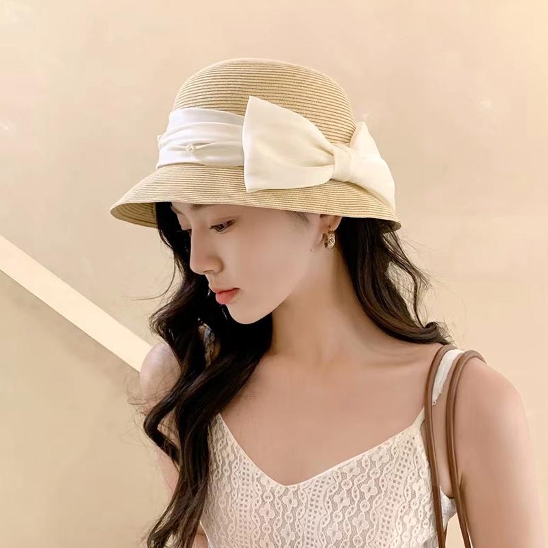 Elegant bow fisherman's hat children summer sunscreen straw hat women's sunshade seaside beach basin hat