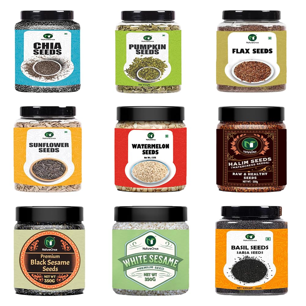 NatureOnus Super Seeds Combo Pack of 9, Chia, Flax, Pumpkin, Sunflower, Watermelon, Halim, White Sesame, Black Sesame Basil Seeds, Reusable Jar