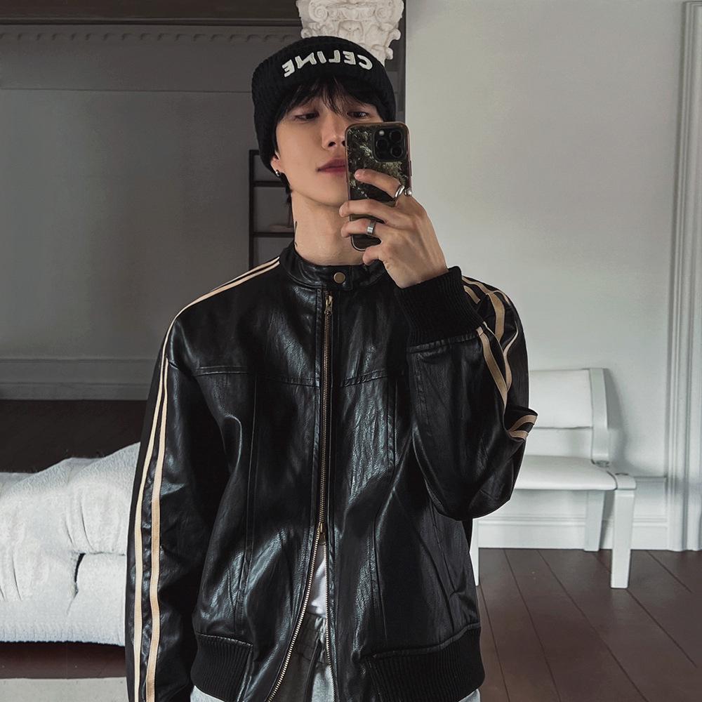 

Men s Maillard Style Stand-Up Collar Leather Jacket - Korean Trendy Spring/Autumn Motorcycle Top. XL чорний