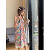 Women's Summer Floral Lace Strappy Pleated Dress - Sweet, Spicy, Loose-Fit Mid-Length Beach Style
