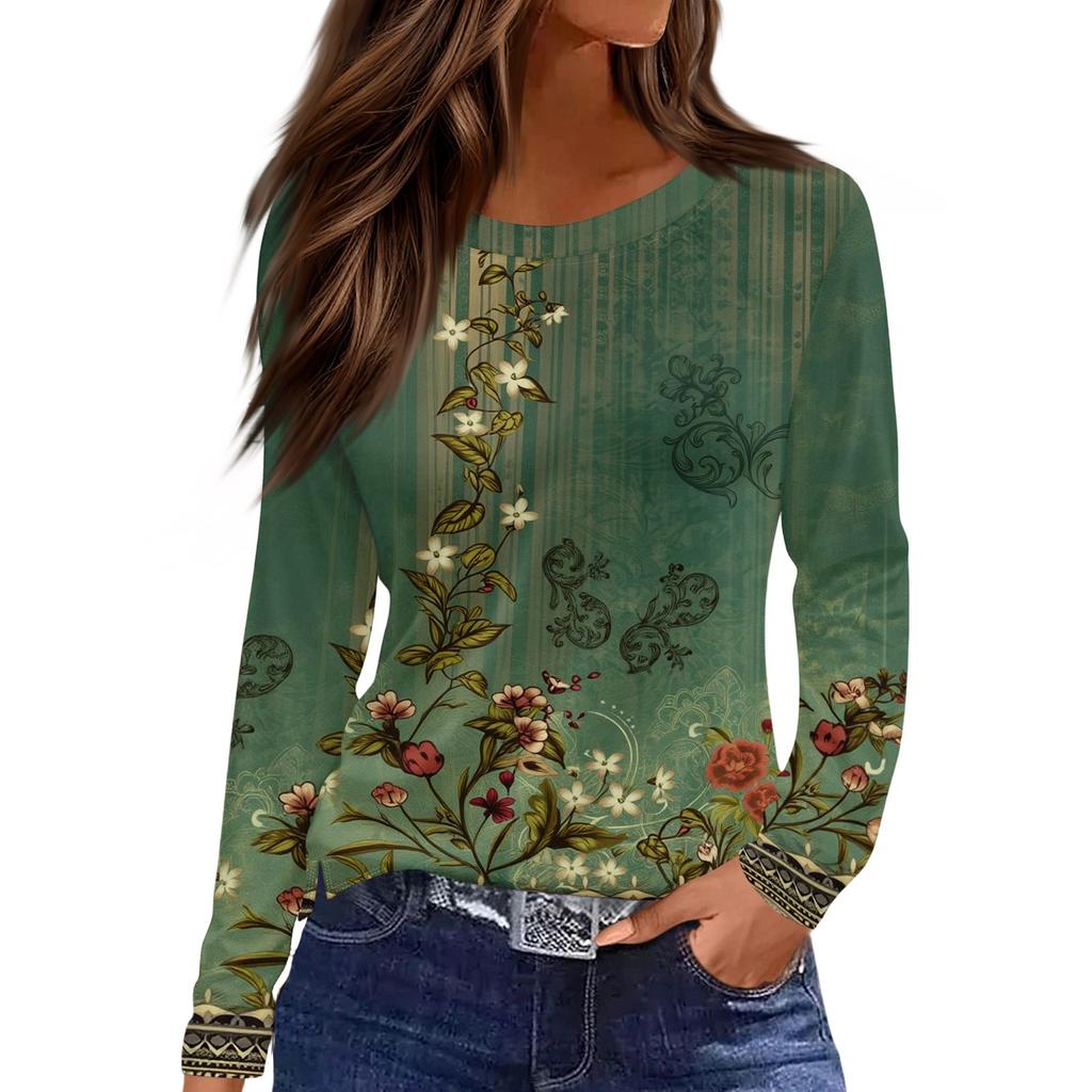 Dames casual T-shirt met split aan de zoom, ronde hals, lange mouwen en losse print.