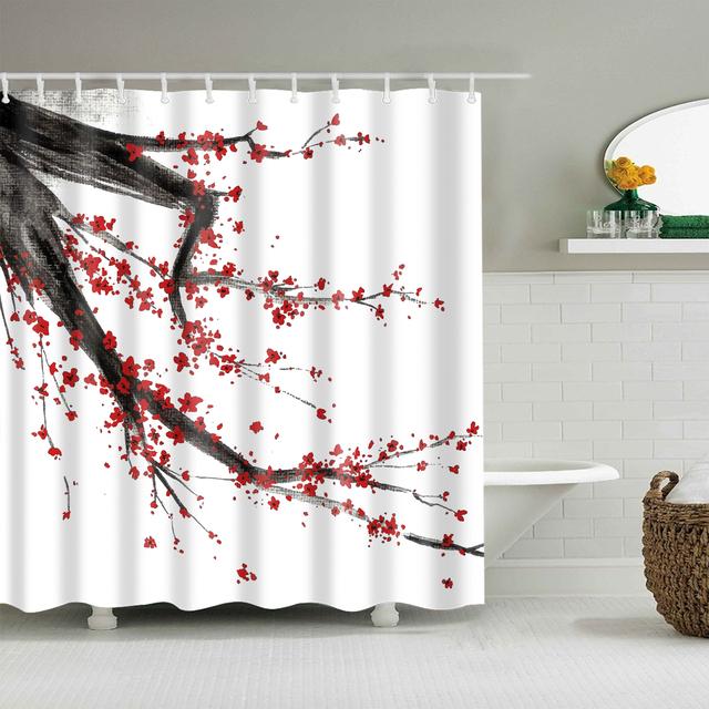 Japanese Style Cherry Blossoms Red Rose Shower Curtains Bathroom Curtain Frabic Waterproof Polyester Bathroom Curtain with Hooks