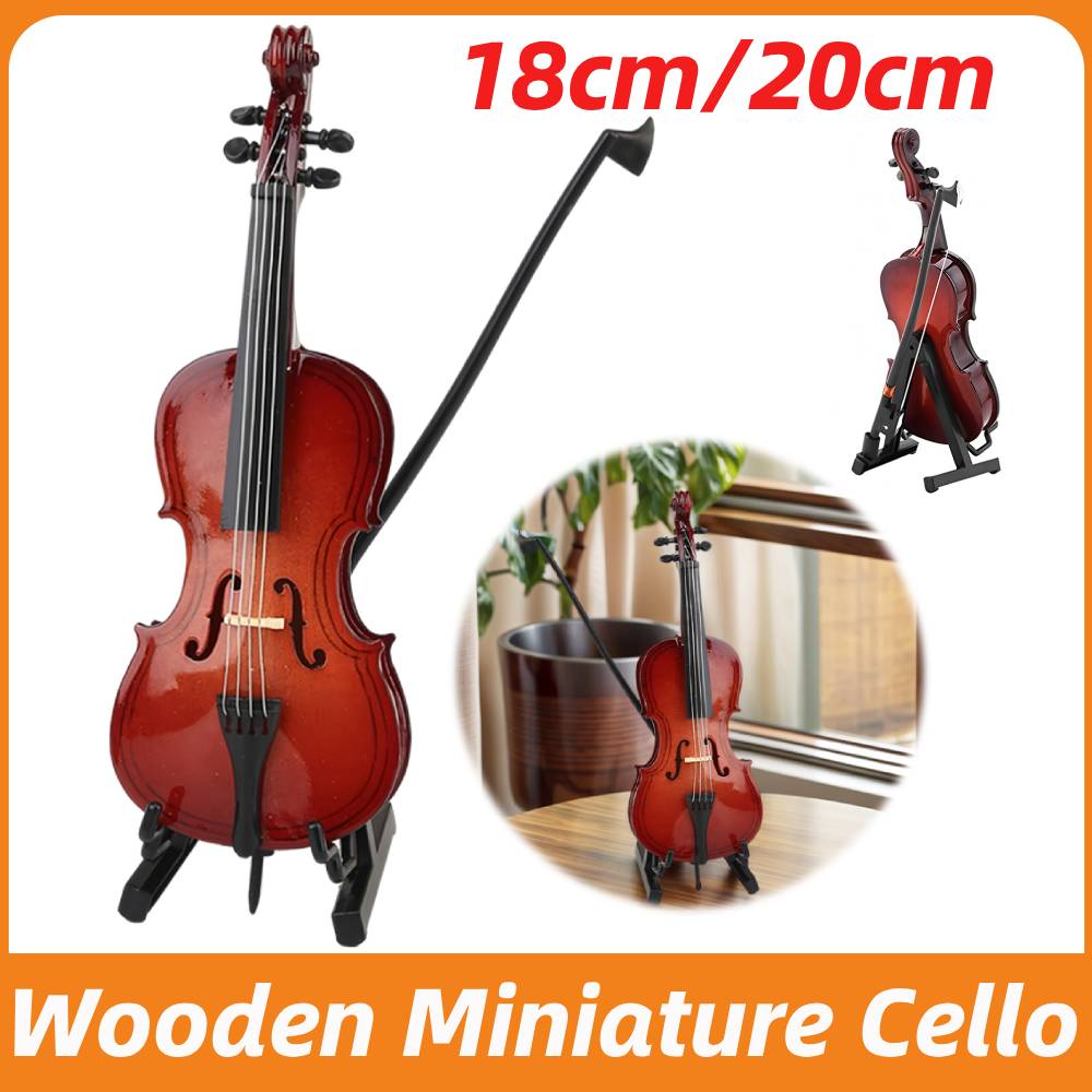 Wooden Miniature Cello -Stand & Bow Wood Violin Replica Collectible Figurines Dollhouse Accessories Model Home Display Ornament