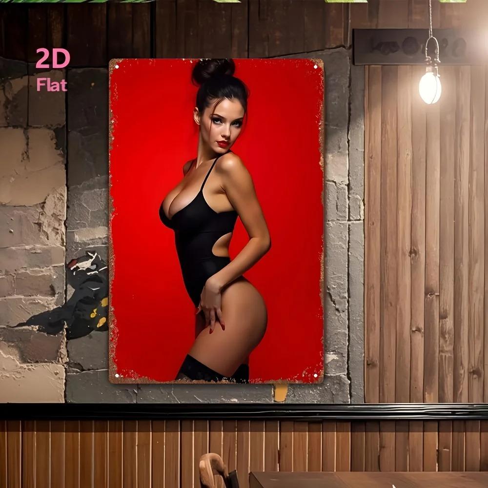 Vintage Metal Tin Sign 8x12 Inch Retro Pinup Girl Poster Black Dress Industrial Wall Art for Bar Cafe Garage