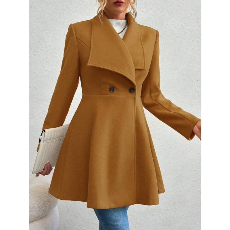 Women's Mid-Length Wool Blend Coat, Autumn Winter Wide Lapel Double Button Outerwear, Slim Fit Elegant Ladies Chic Notched Collar Overcoat