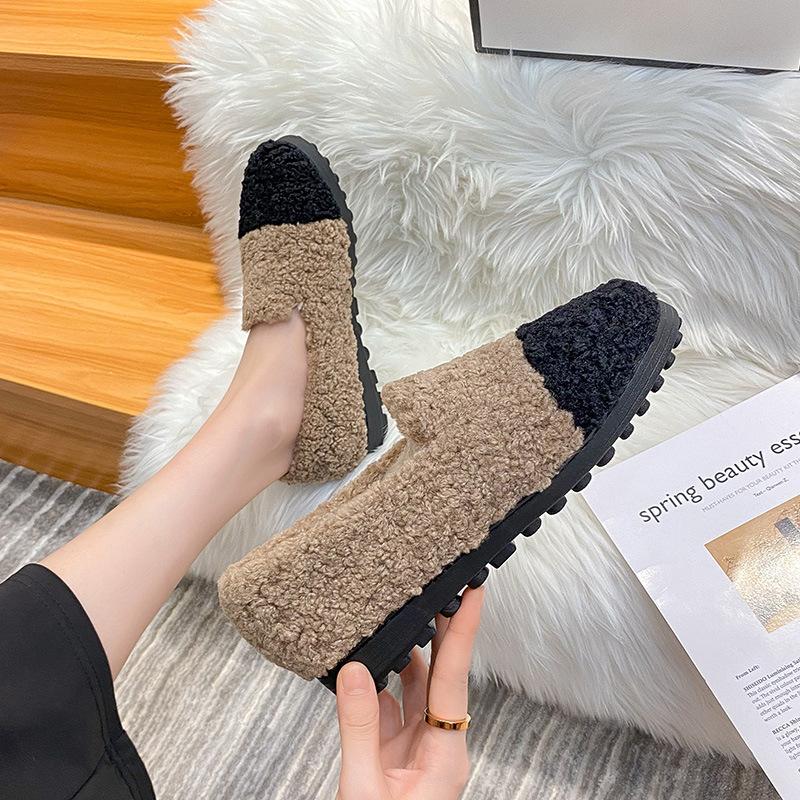 

Модные мокасины из кудрявой шерсти смешанных цветов Femme Меховые балетки Внутри плюшевые зимние туфли Женские на толстой подошве Флисовые лоферы Большие размеры 34-43 4.5 хаки