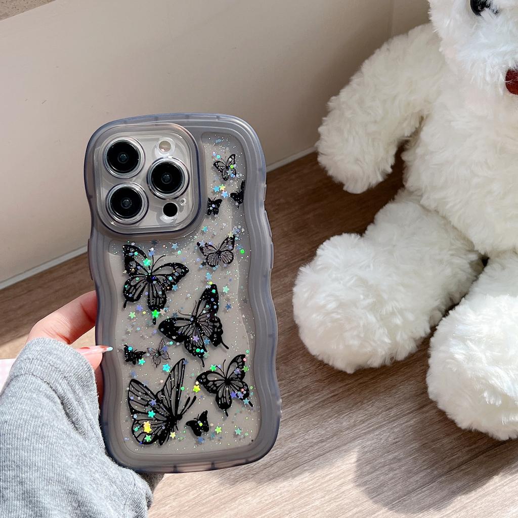 Glitter Sequins Butterfly Bumper Case For iPhone 16 E 15 14 13 12 Mini 11 Pro XR X XS Max 7 8 Plus SE Curly Frame Bling Cover