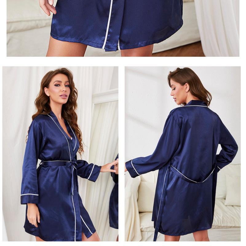 Pajama Women's Summer Ice Silk Sexy Bathrobe Pajamas Long-sleeved Lace-up Short Home Clothes Spring and Autumn Bride Morning Gown