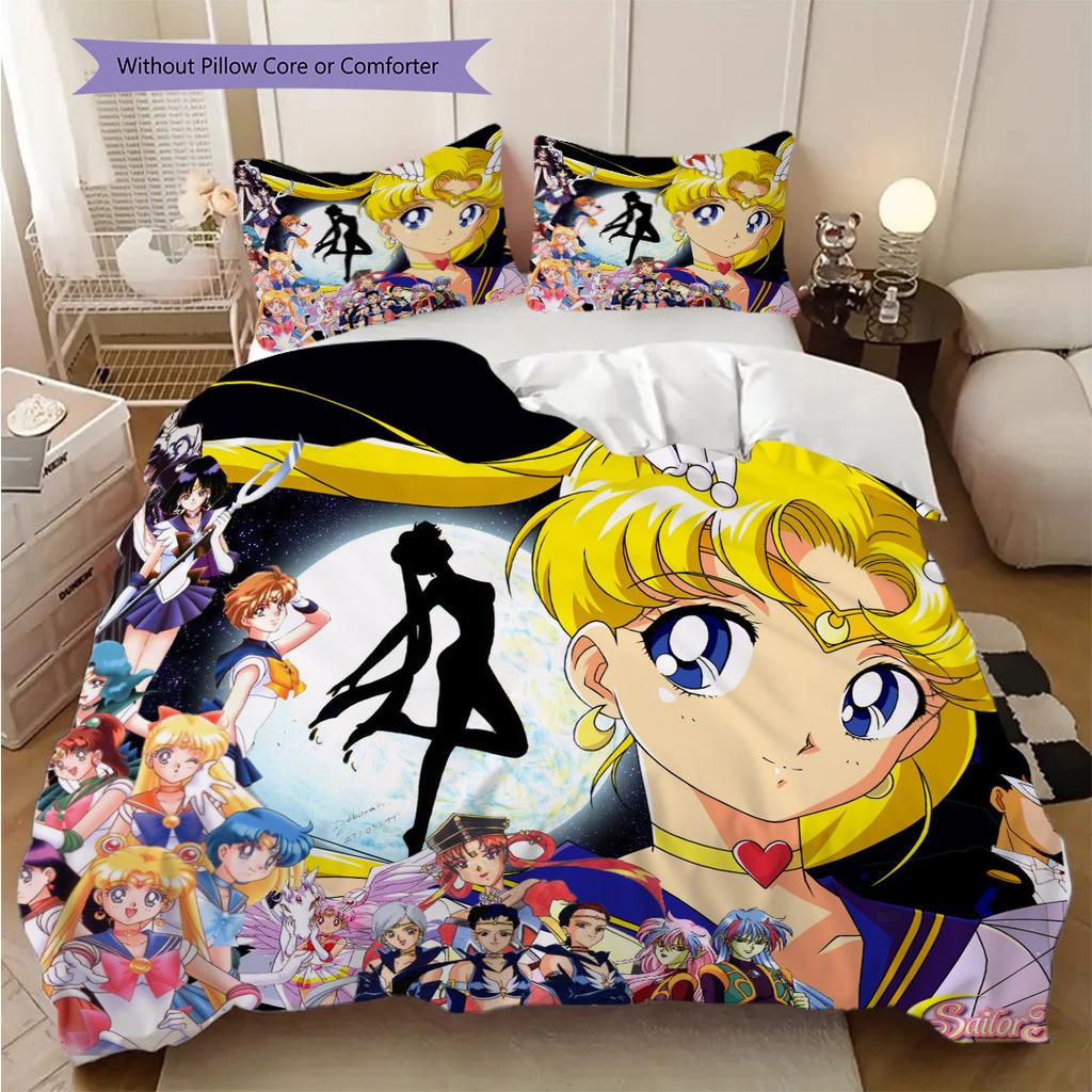 Süßes Cartoon-Thema Sailor Moon Tsukino Usagi Cartoon bequemer Heim-Bettbezug und Kissenbezug (1 * Bettbezug + 2 * Kissenbezug, ohne Füllung)A2