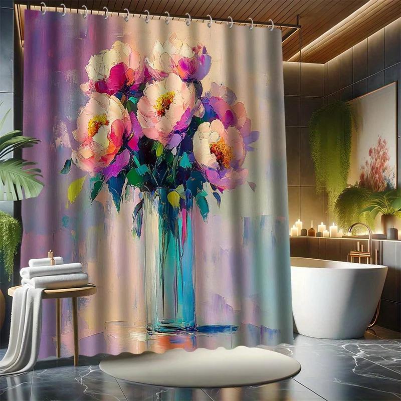

Blooming Floral Shower Curtain Set - Realistic Painting Style, Water-Resistant Polyester, Modern Bathroom Decor, All-Season W60H190(CM)-1 Pcs