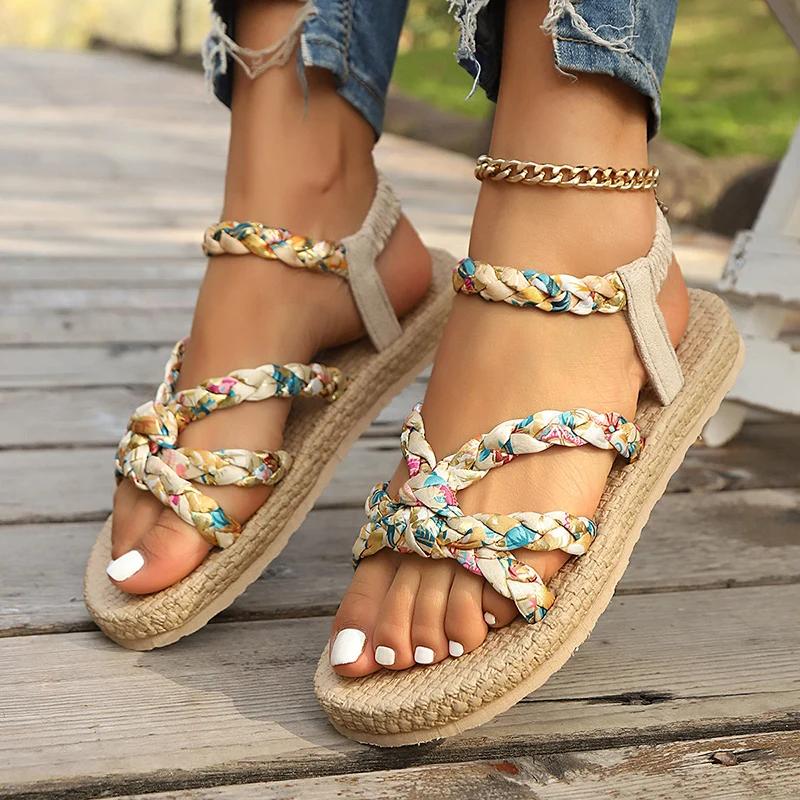 Fashion Women's Fashion Printed Woven Band Flat Sandals Bohemian Style Summer Beach Sandals for Women Lightweight Comfort Roman Shoes