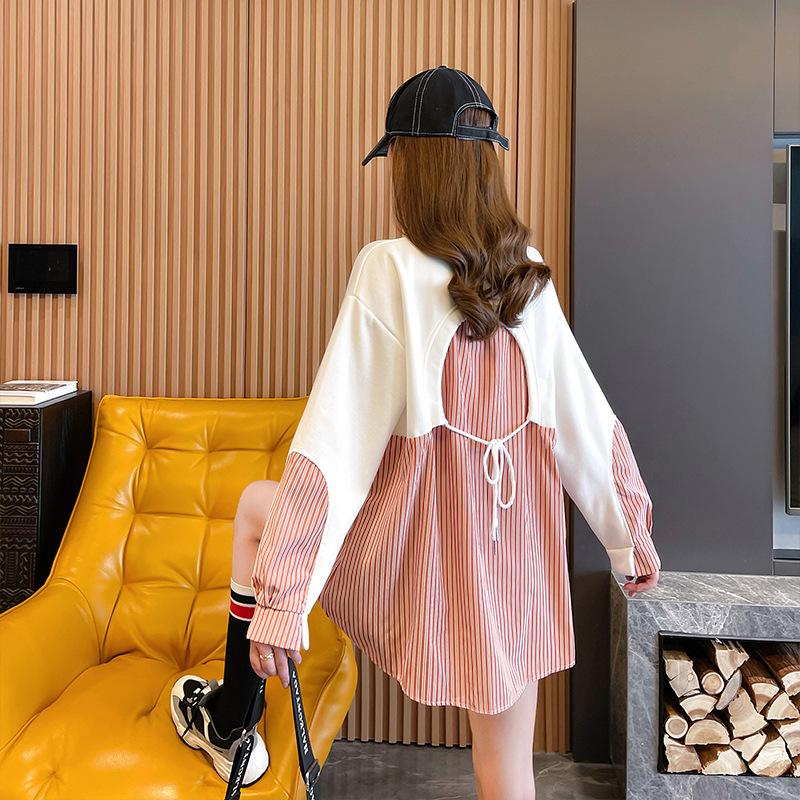 Women Fake Two Pieces Striped Patchwork  Korean Fashion Long Sleeve Lace Up Oversized Streetwear Sweatshirts Women Pullover Tunic Tops Y2K