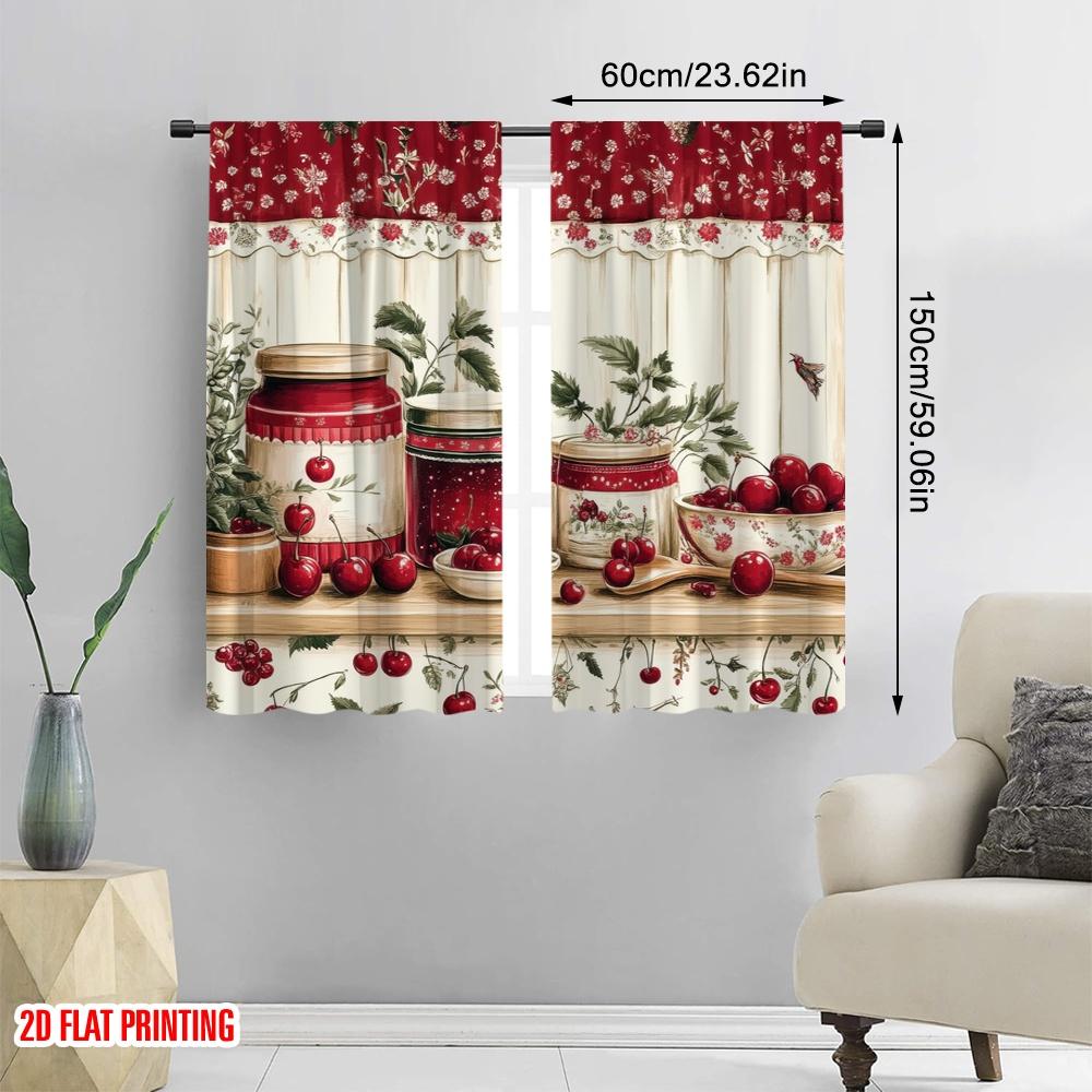 2pcs,2D plane printing Window Curtain Cherry Delight Polyester Fabric (without rod) Art Deco Festive Perfect for Living Room,