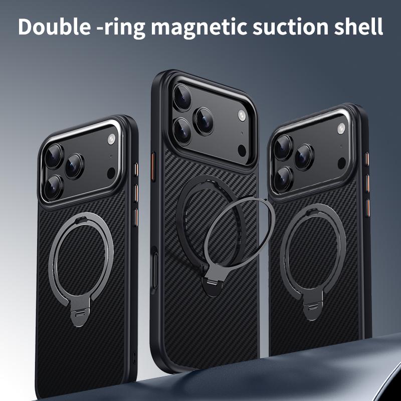 360 Rotating Kickstand Magnetic Carbon Fiber Pattern Case For iPhone 17 Pro Max 16 Plus 15 14 13 12 Comfortable Grip Slim Cover