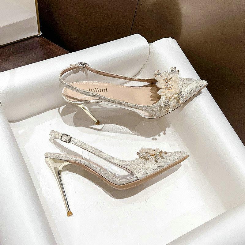 Fashion 2024 New White Wedding Shoes European And American Bride Shoes High-Heeled Women With Pointed Single-Shoe Women