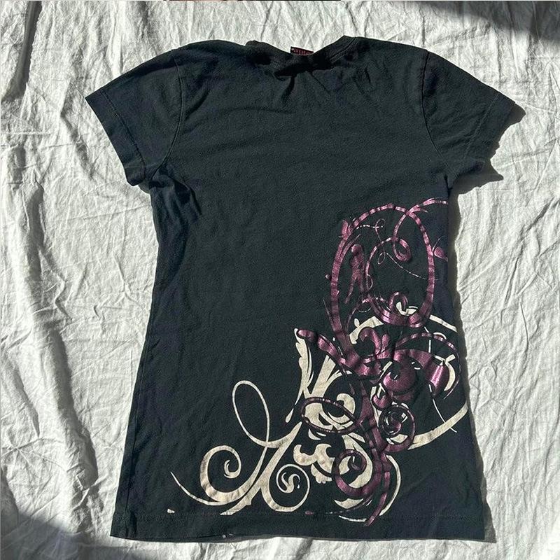 2026 Women's Gothic Letter Print Short-Sleeve Top, Dark Punk Style for Summer