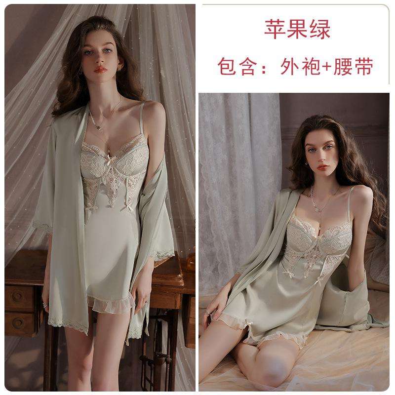 

Deep V plus steel rim chest pad underwear pure desire sexy smooth ice silk nightdress robe loungewear set one size fits all