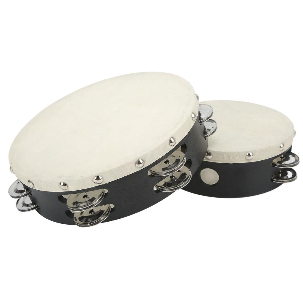 2PCS Wooden Hand Drum Double Row Metal Jingle Bells Sheepskin Percussion Tambourine 6in 8in