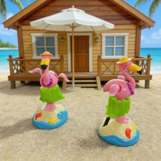 Cute Flamingo Solar Car Ornament Plastic Dashboard Decor with Automatic Swing Hawaiian Grass Skirt Design Car Desk Seaside Decoration Novelty Gift