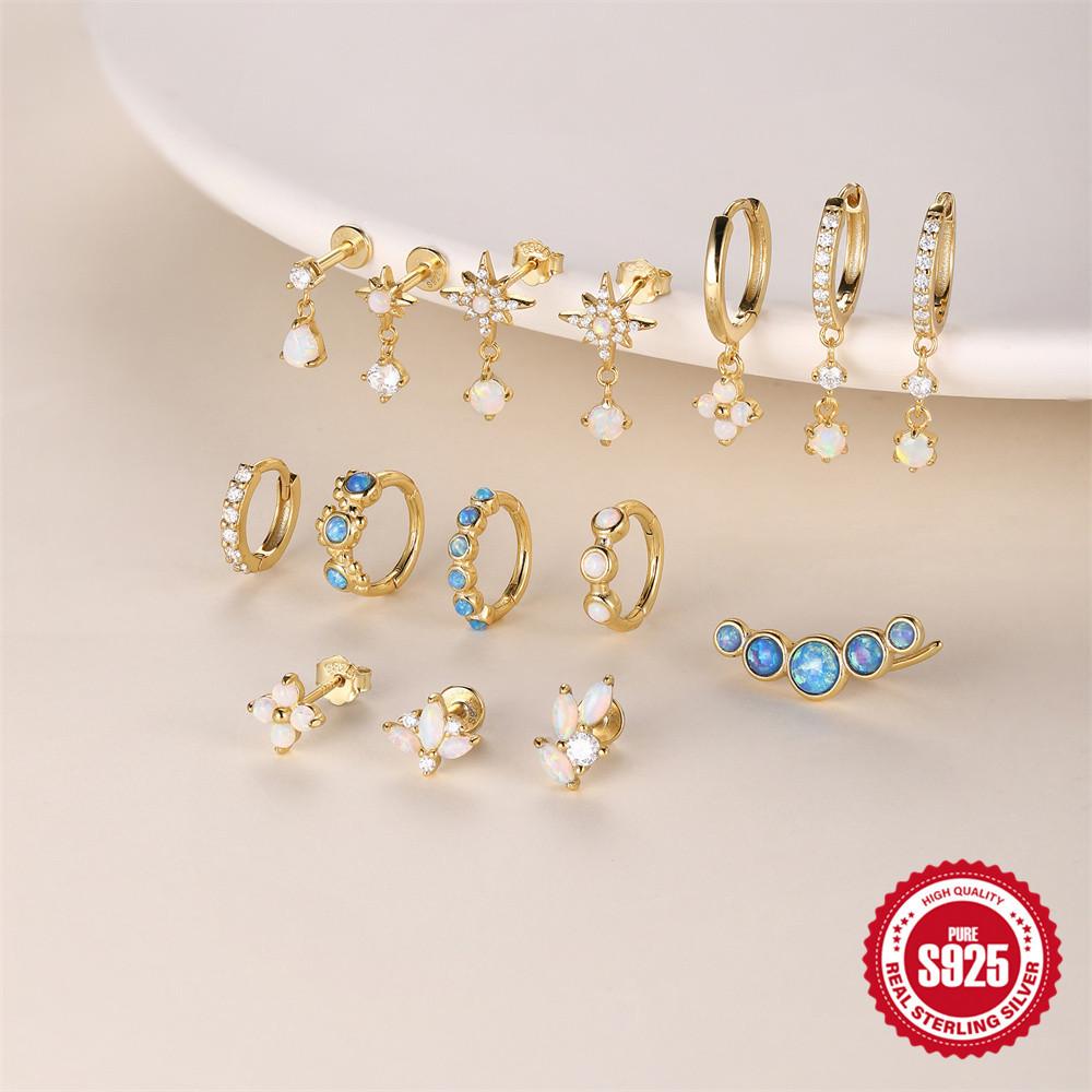 S925 Sterling Silver 2026 Daily Wear Geometric Splicing Opal Bow Diamond Cartilage Spiral Puncture Stud Earrings 16G
