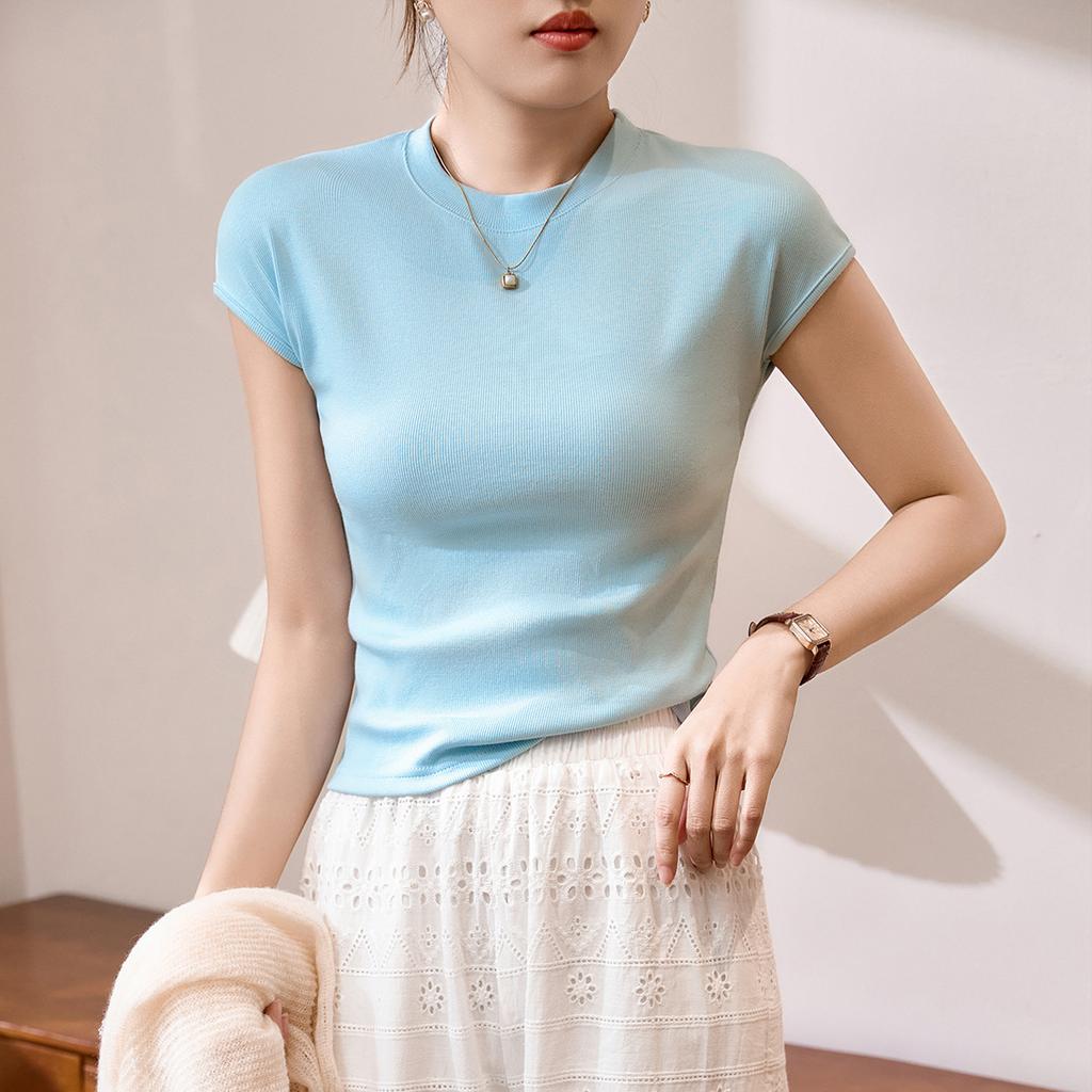 French Style Short-sleeved Women's Summer T-shirt Slim Round Neck Top