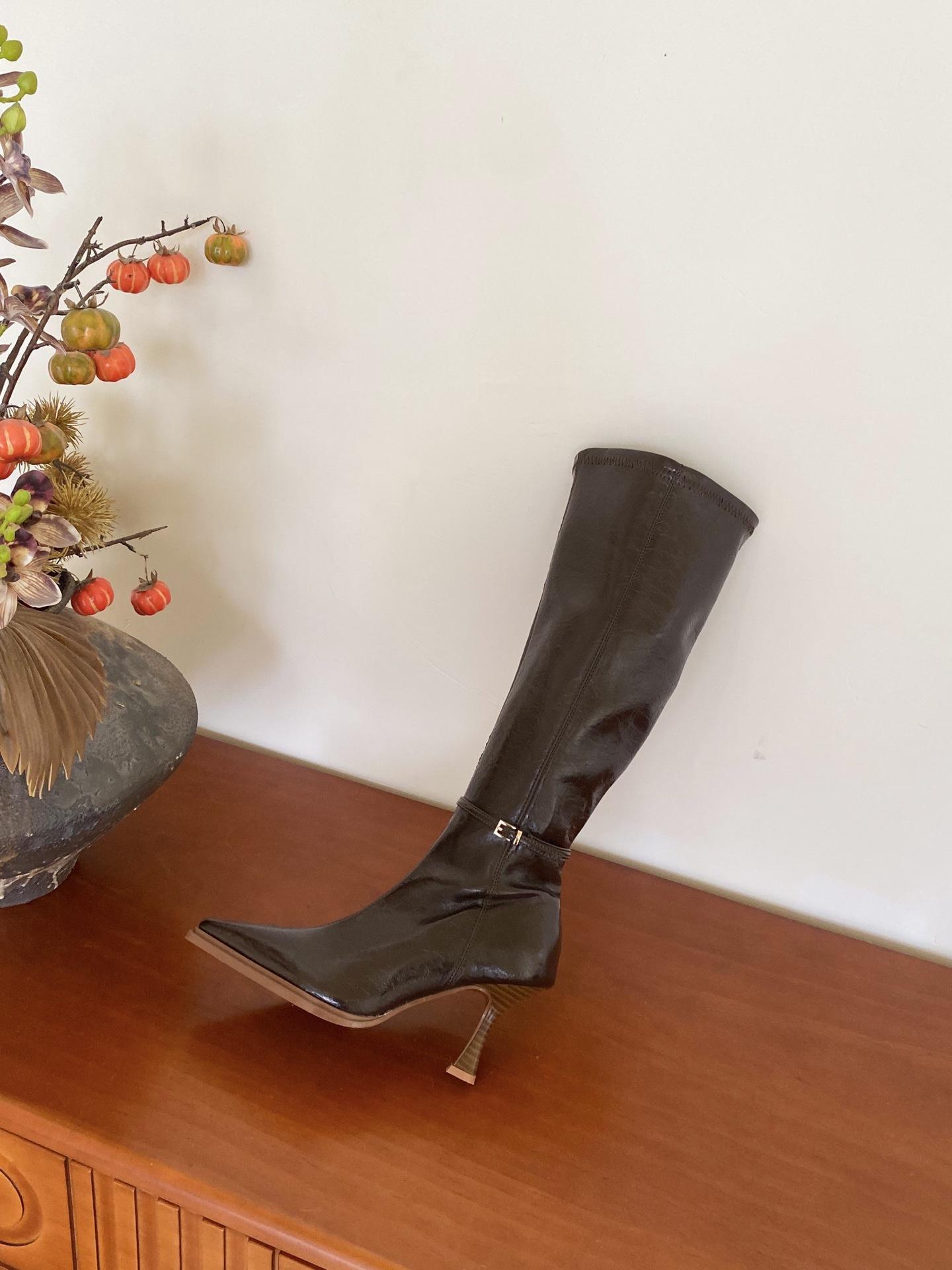 

2025 European and American style temperament wood grain heel pointed thin heel high heel thin boots 39 темно-коричневого