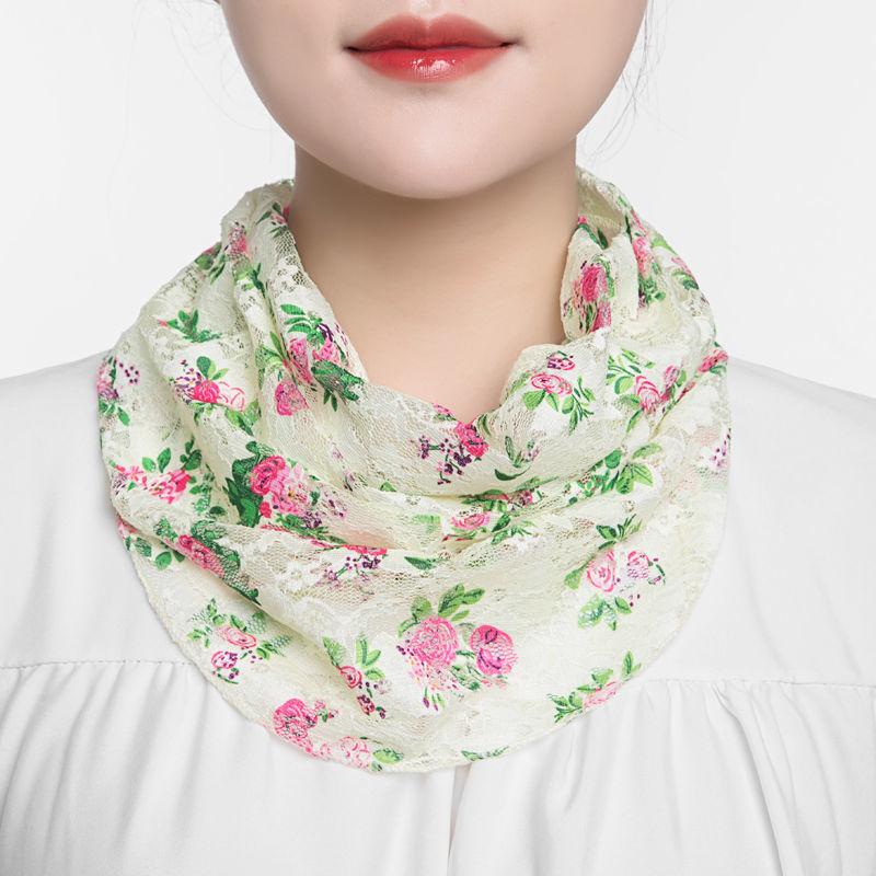 Female Ice Silk Floral Fake Collar Neck Guard Scarf Summer Sunscreen Sunshade Snood Hollow Lace Print Multifunction Shawl P46