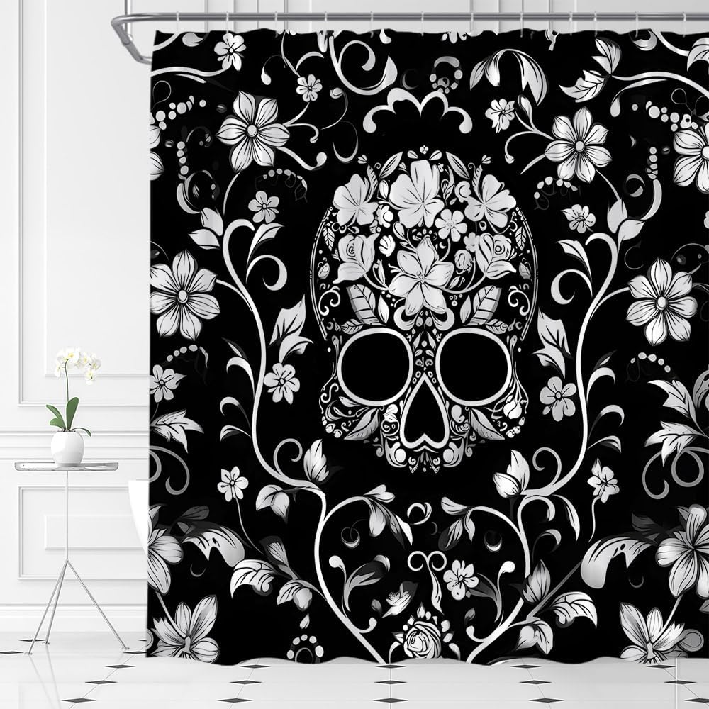Sugar Skull Shower Curtain Gothic Halloween Watercolor Vintage Floral Spooky Skeleton Skull Horror Fabric Bathroom Decor Set