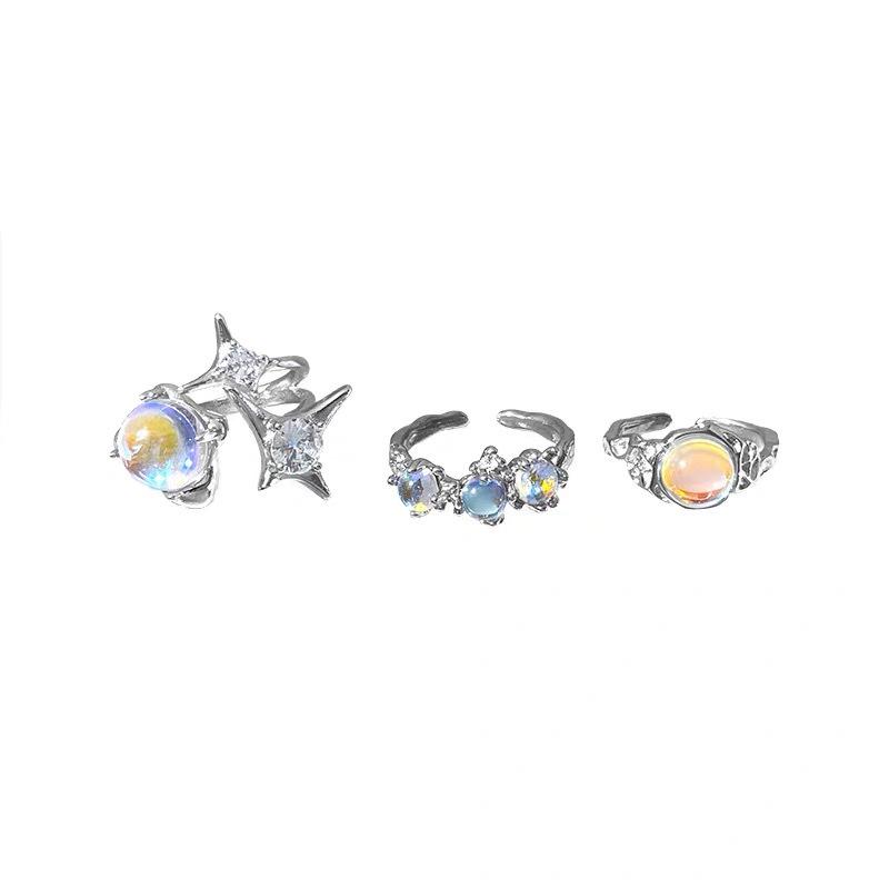 Zircon Opal Moonstone Ring Set: High-End Korean Design with Gemstone and Diamond Accents.