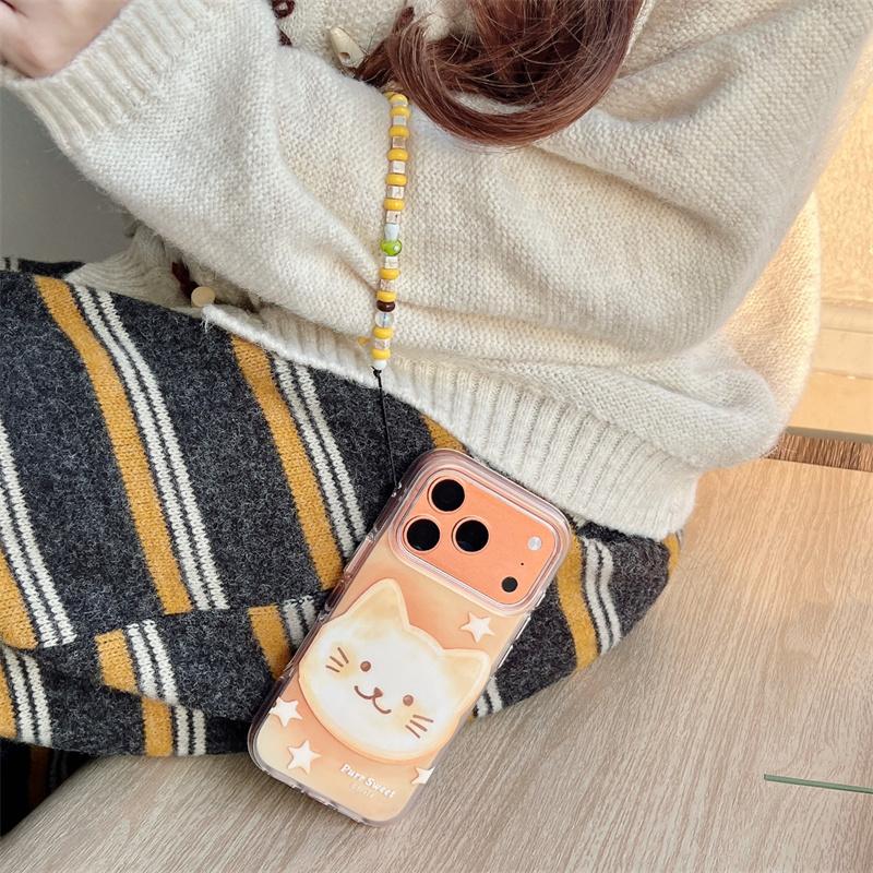 Cute Cat Phone Case With Beaded Wrist Strap Lanyard For iPhone 17 16 15 14 Pro Max Shockproof Soft TPU Protective Cover for Girl