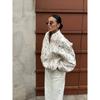 Chaqueta de Béisbol Jacquard con Foil para Mujer Cuello Alto Cremallera Holgada Mangas de Farol Abrigo de Exterior Dama Lujo Banquete Holgado Casual
