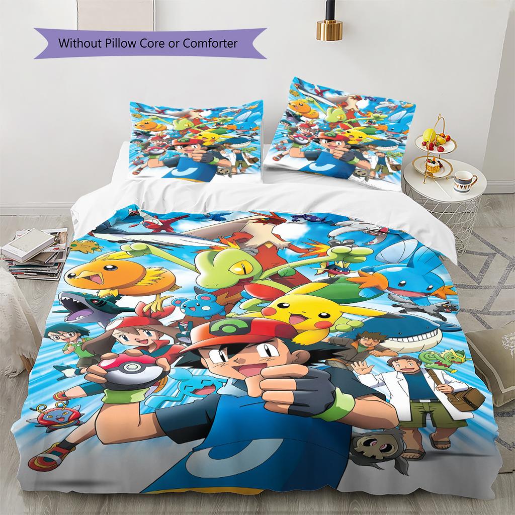 Pościel z Wzorem Pokémonów Dekoracja Domu Prezent Urodzinowy (1 * poszwa na kołdrę + 2 * poszewki na poduszki, bez rdzenia)