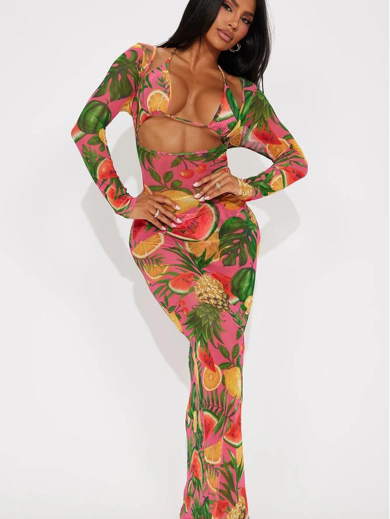 Women's Swimsuit Long Sleeve Tie Dye Three Piece Sexy Halter Neck Bikini Split Suit Beach Wear